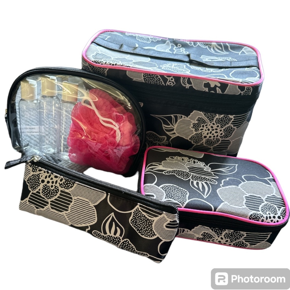 Black, Pink, Grey Floral Travel Makeup Cosmetic Bags for Airplane or Trip (New)